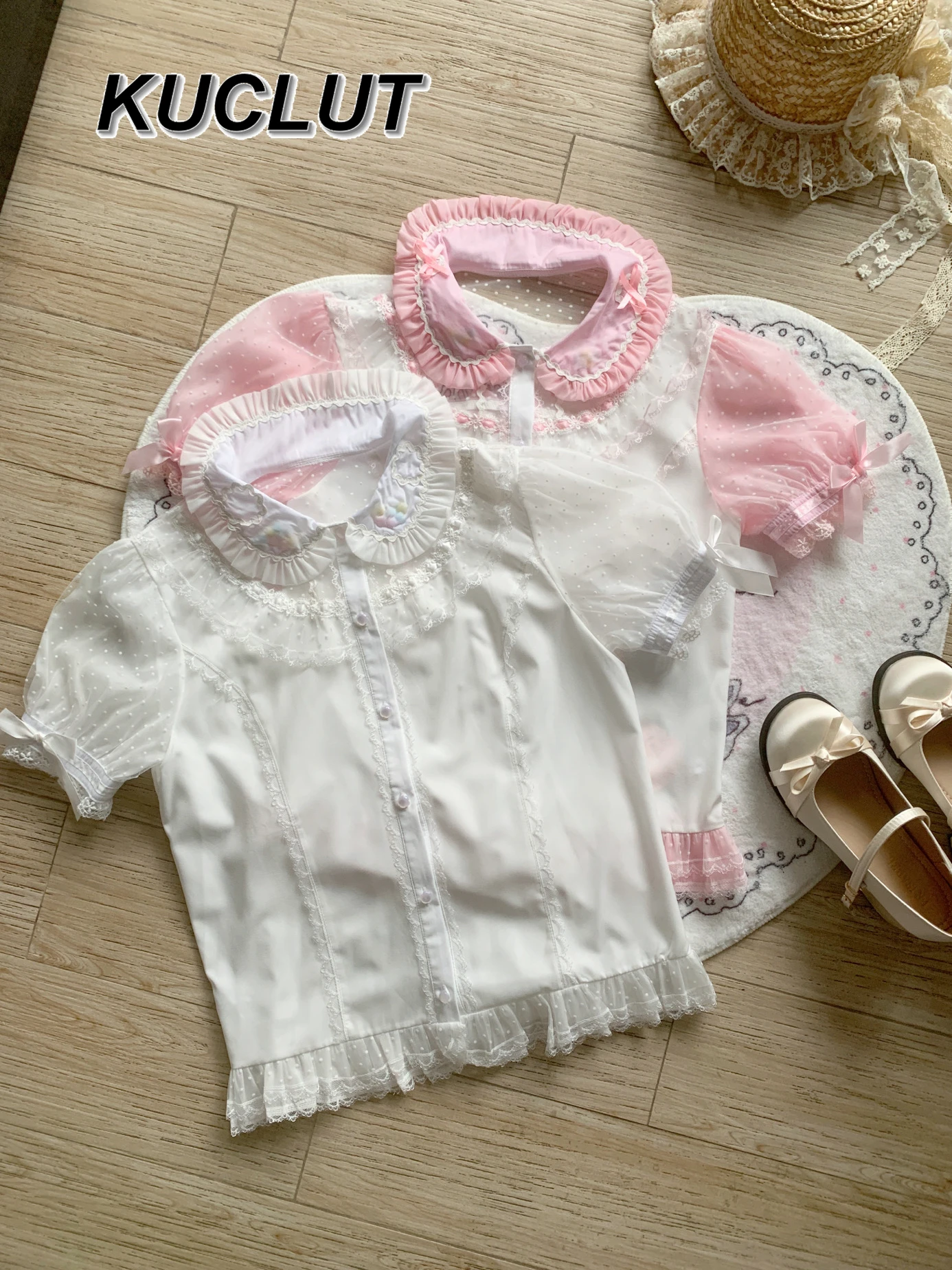 

Lolita Style Inside Top Design Doll Collar Mesh Splicing Short-sleeved Shirts for Women Fashion Summer Ladies Elegant Blouses