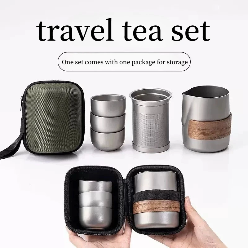 Titanium-plated Stainless Steel Portable Travel Tea Set, Including Teapot and Double-Walled Tea Cups, Lightweight Outdoor Campin