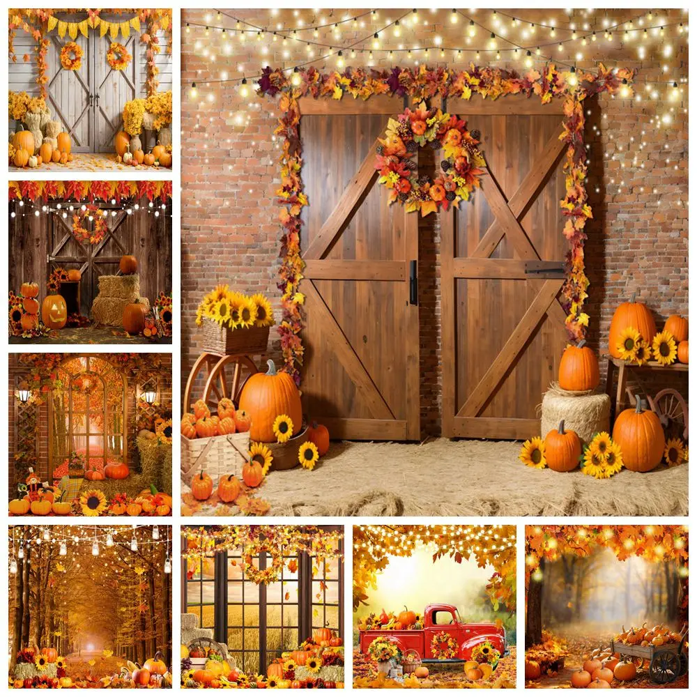 Осенний фон деревянный сарай дверь тыквы блестящие огни кленовые листья стог сена День Рождения Вечеринка ребенок портрет фотография фон