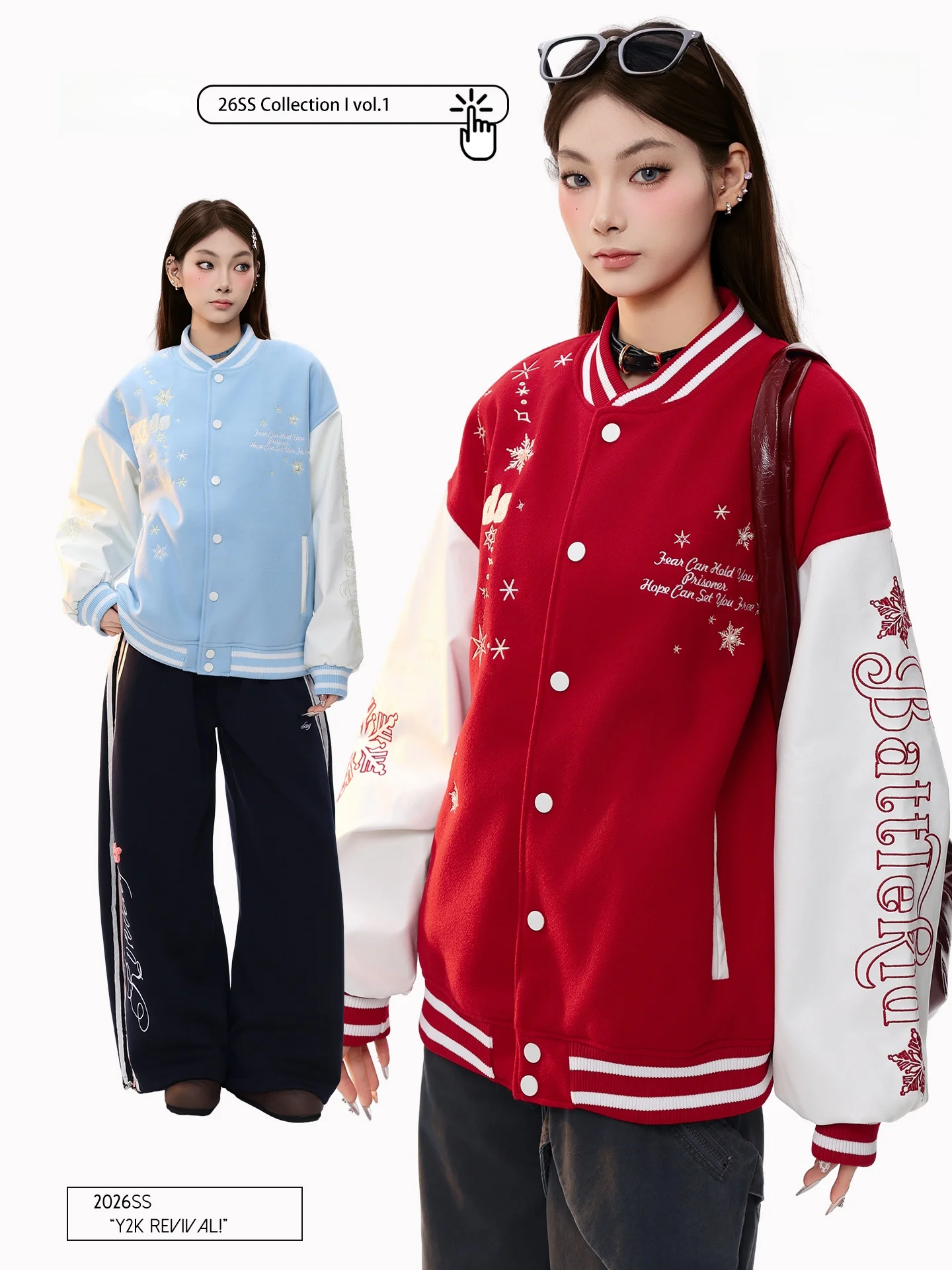 

PBB American Retro Snowflake Embroidery Baseball Jaet Loose Casual Campus Sle Women's Outerwear Long Sve Button Closure