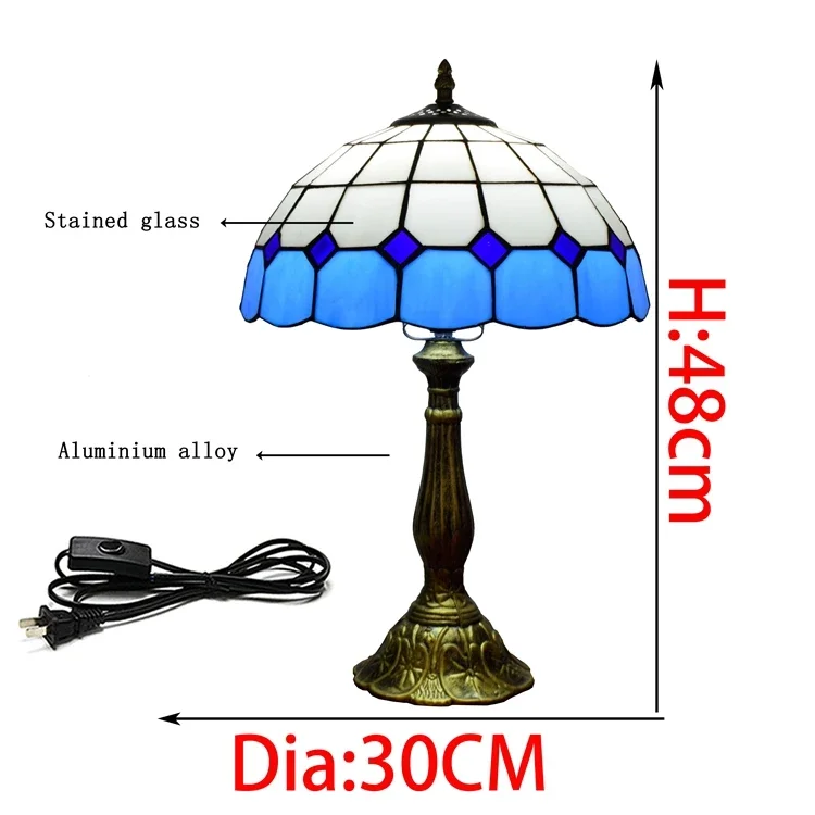 12 Inches Vintage Glass Base Style Stain Glass Decoration Blue Tifany Table Lamp Office Work Study Led Night Light