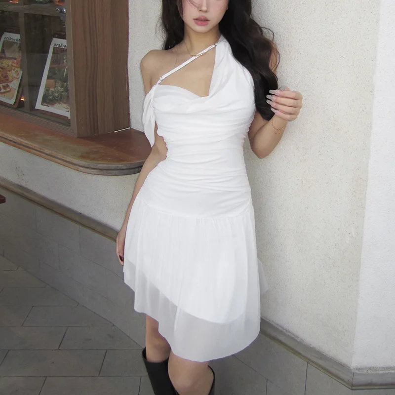

Chic solid color Skinny high waist fashion single shoulder strapless dress Summer Women's Dresses Sexy Backless Mini Dress Woman