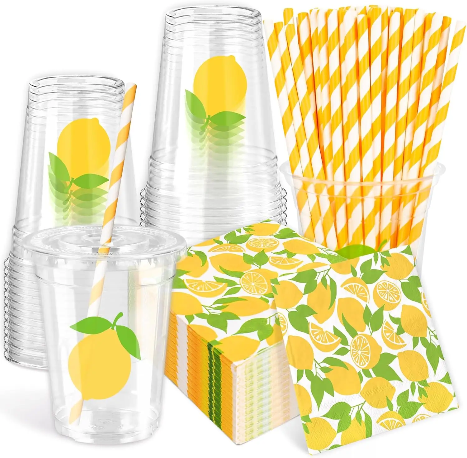 

150 Pcs Summer Tableware Set for 50 Guests Yellow Lemon Paper Napkins Disposable Plastic Cups with Lids and Straws for H