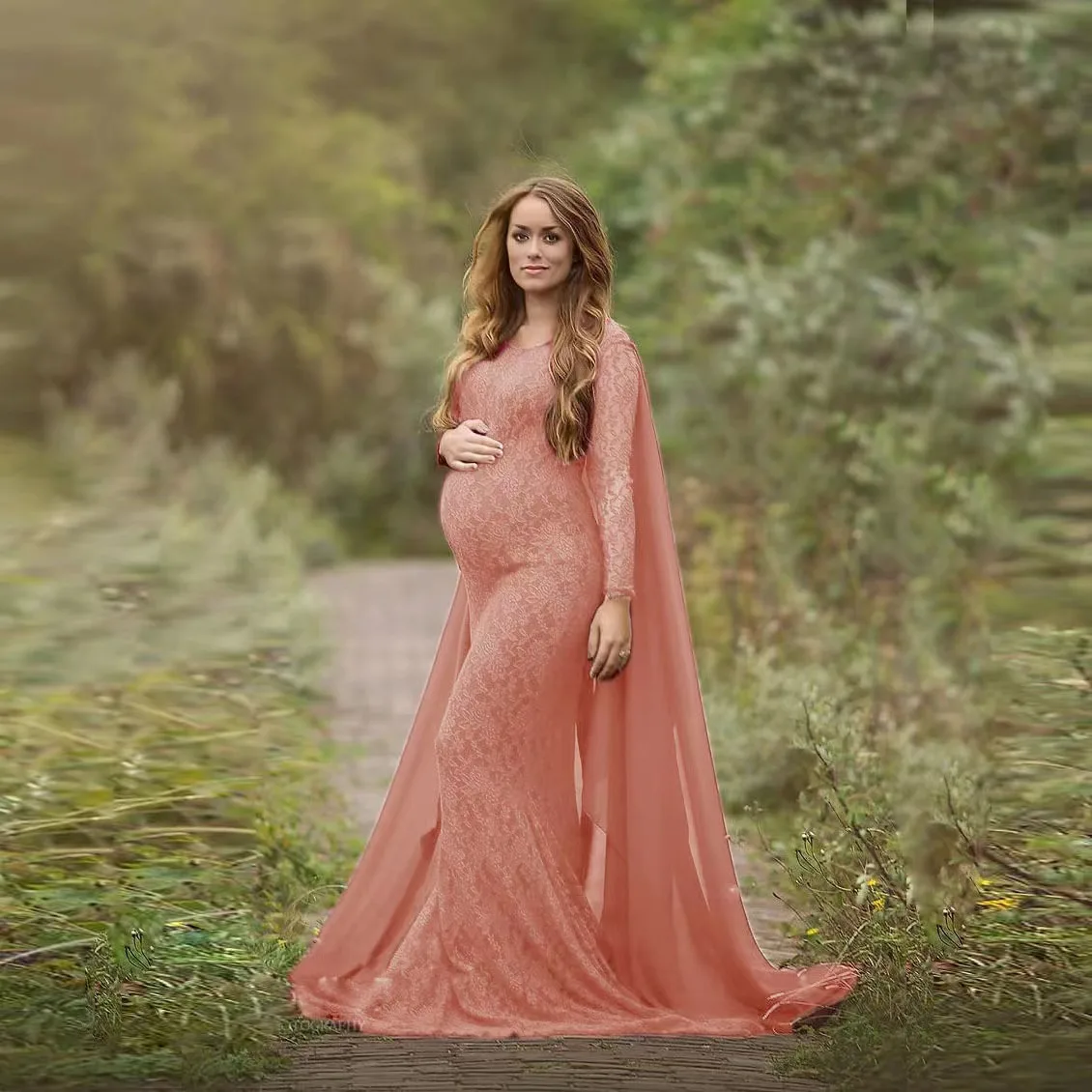 2024 Maternity Dress for Photo Shoot Maxi Maternity Gown Long Sleeves Lace Stitching Fancy Women Maternity Photography Props