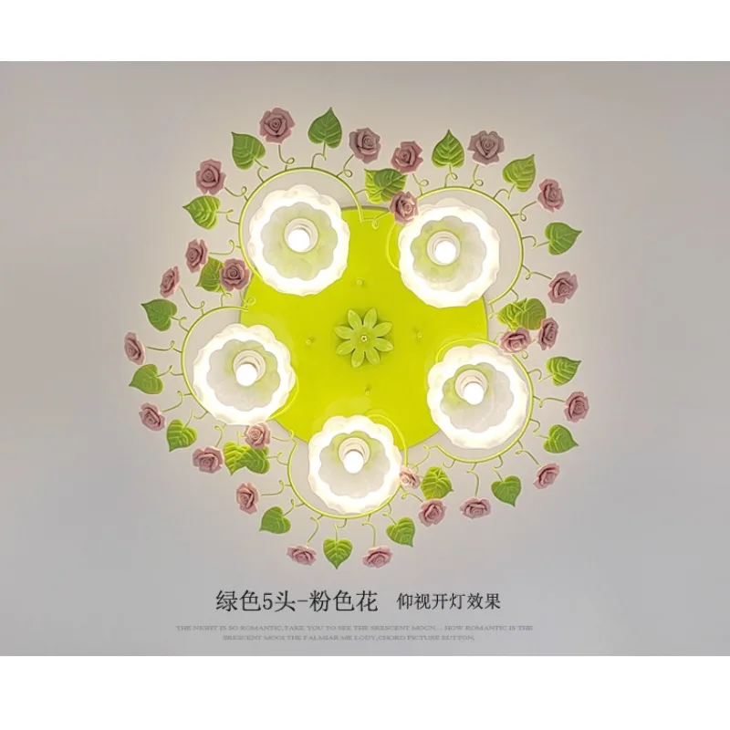 Warm pastoral room lamp princess bedroom lighting Korean wrought iron flower grass living room lamp pink rose ceiling lamp