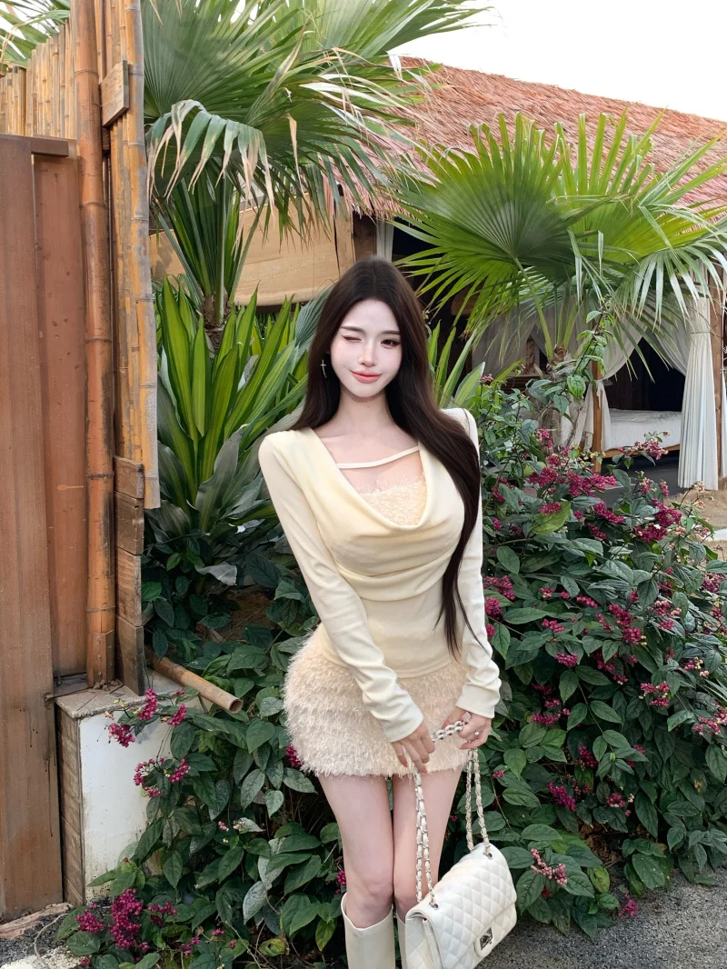 

Women's Long Sleeve T-Shirt And Skirt Set Waist Cinched Bodycon Winter Fashion Outfit Casual Commute Style Pure Color Design