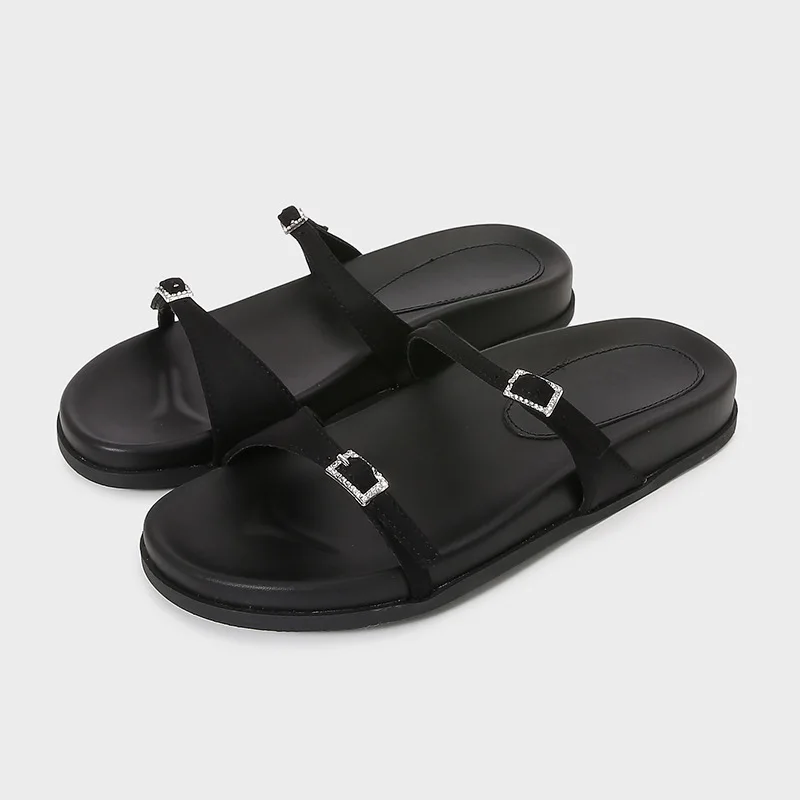 

Za2025 summer new women's shoes buckle rhinestone fashion flat sandals round toe elegant casual outdoor slides
