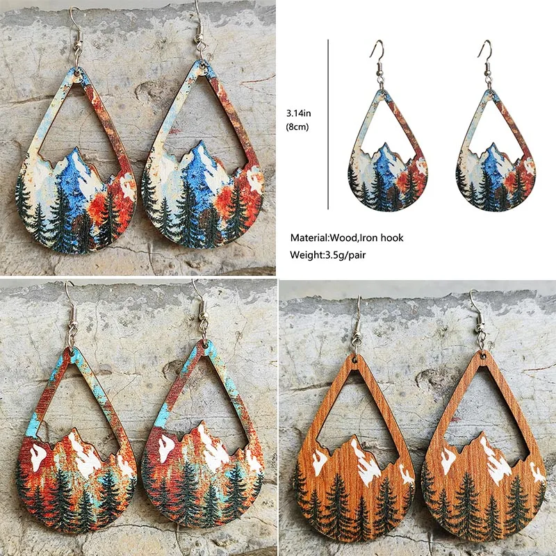 Vintage Snow Mountain Forest Earrings Colorful Hollow Boho Wood Earrings for Women Fashion Jewelry Gifts Wholesale