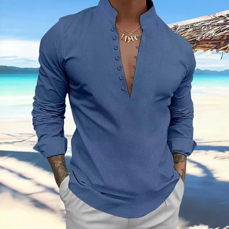 Camicia a maniche lunghe da uomo nuova primavera e autunno camicia monopetto in cotone e lino tinta unita con colletto in piedi