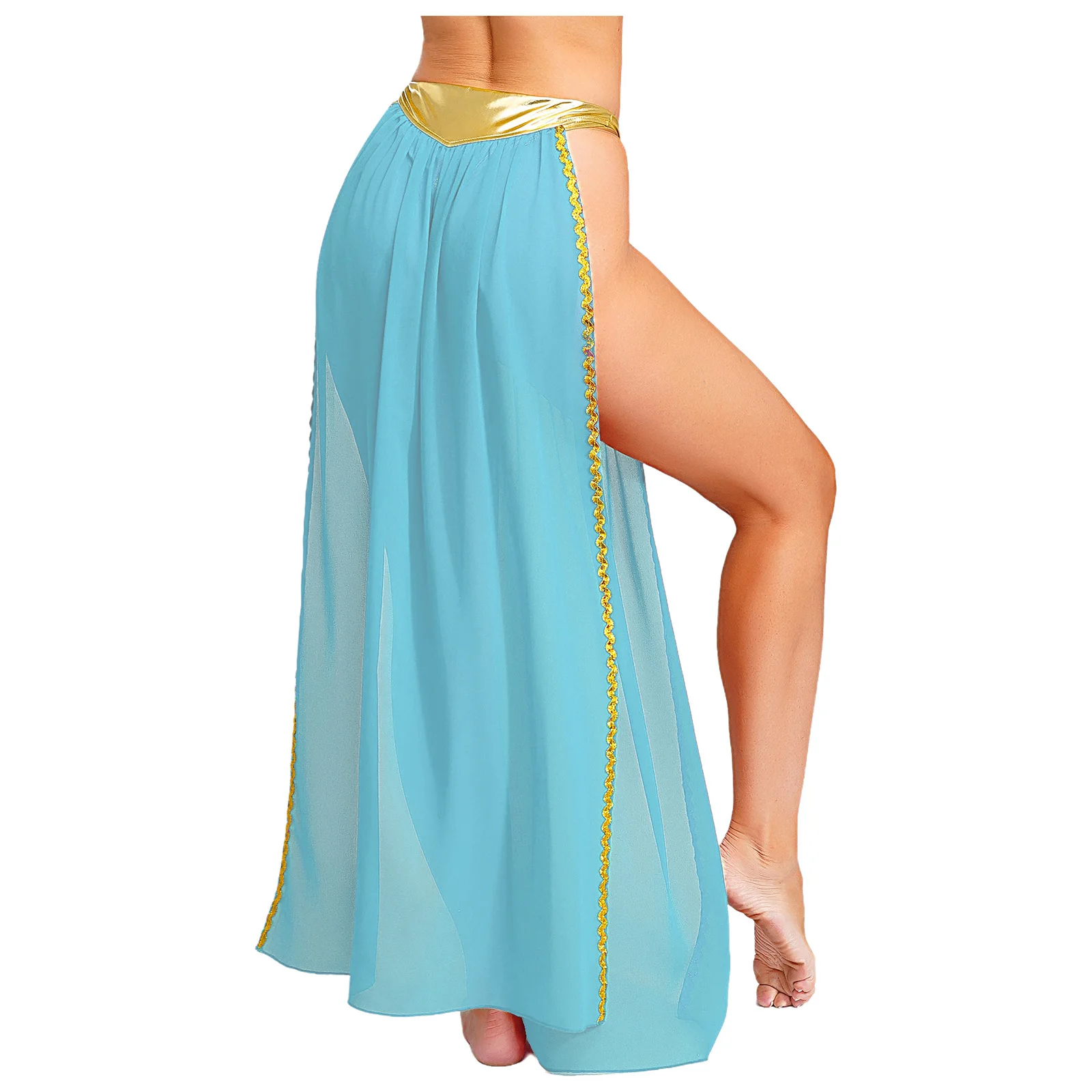 أزياء الهالوين النسائية التأثيرية للملكة المصرية القديمة ملابس الرقص الشرقي تنورة معدنية لامعة بفتحة جانبية مع ملخصات #4