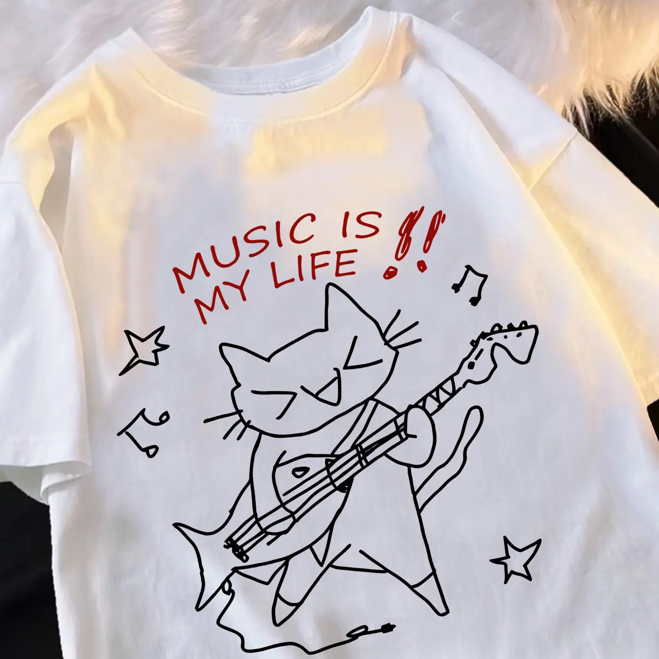 Line Drawing Rock Cat Playing Electric Guitar T-shirt Music Is My Life Slogan Cotton Unisex Oversized Tee