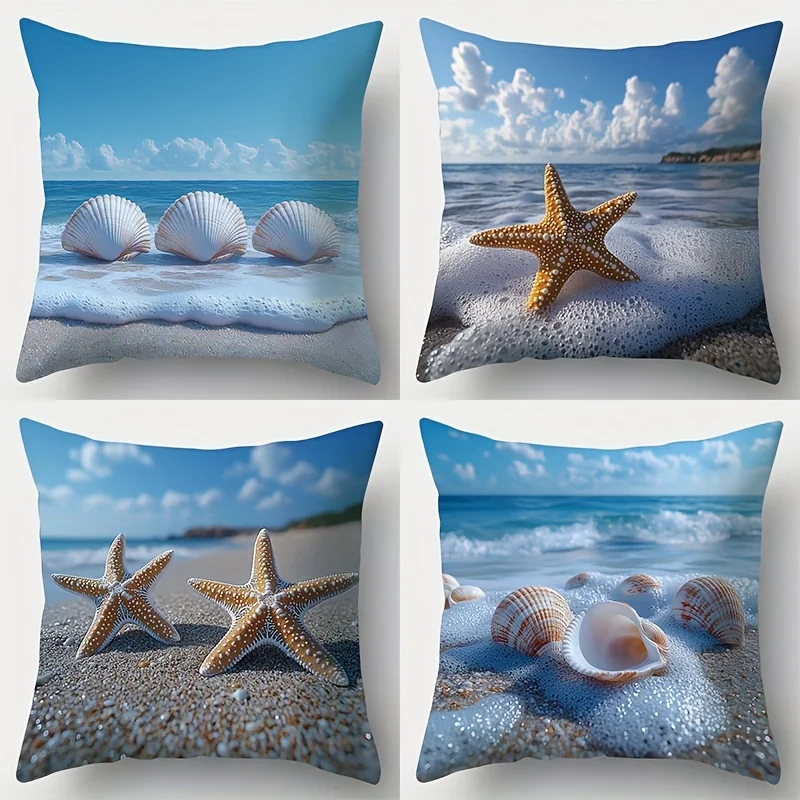 Coastal Ocean Starfish Shell Print Pillowcase Cover Summer Nautical Beach Decor Tropical Seaside Cushion Home Accent Pillowcase