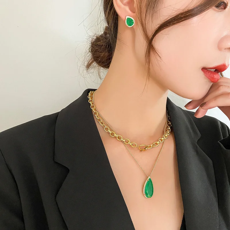 Jewelry hot sale: Ins-style European and American fashion, minimalist layered chain emerald set view 3