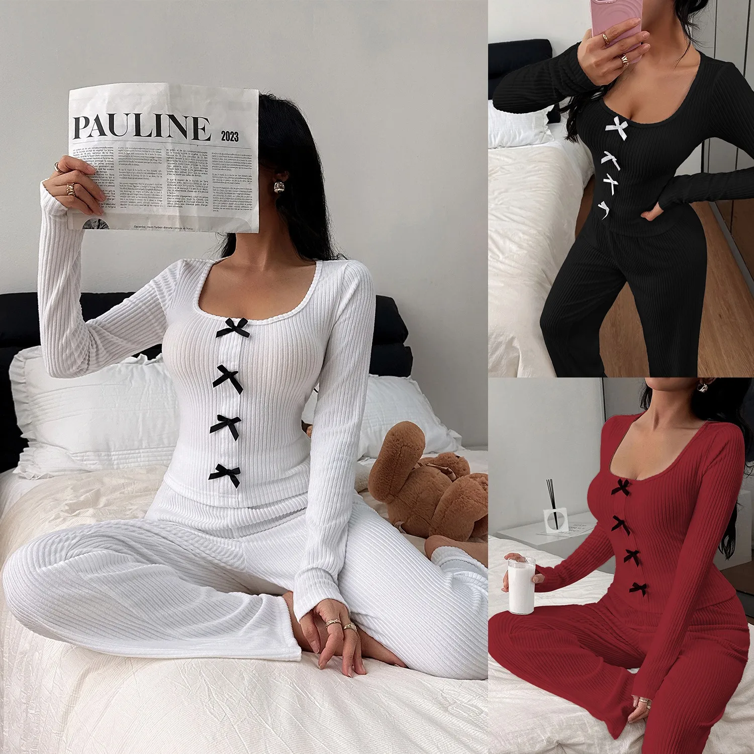 

Winter autumn women's thick knitted cardigan with butterfly knot casual long-sleeved pants pajama set for home wear