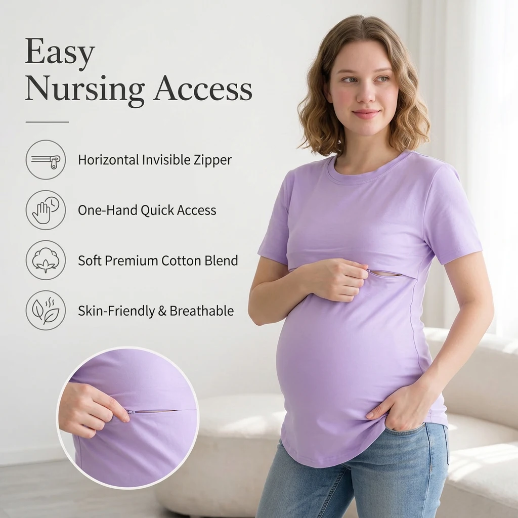 100% Cotton Invisible Zipper Nursing T-shirt Short Sleeve Maternity Top Loose Fit Curved Hem Pregnant Women Breastfeeding Shirt