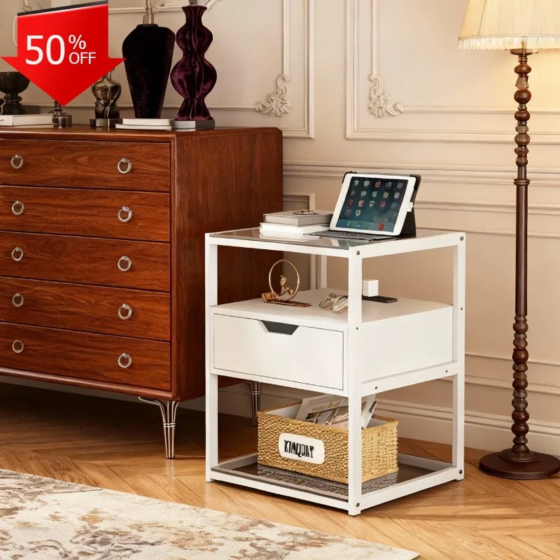 

Contemporary Bedside Cabinet Integrated Wireless Charger Two Storage Compartments Night Light Modern Design Mesas De Noche