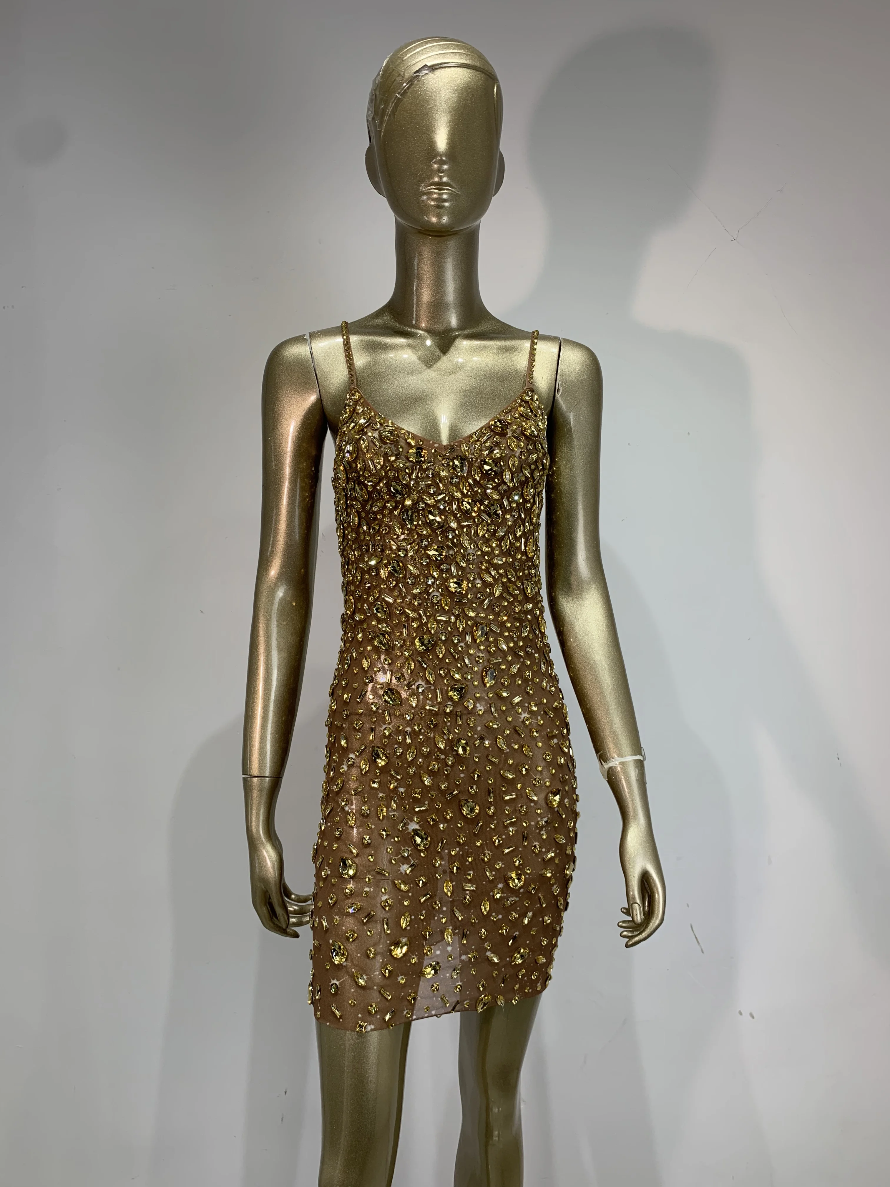Sparkly Rhinestone Club Party Dress - Glitzerndes Strass-Bodycon-Minikleid mit V-Ausschnitt, Transparentes Netzstoff-Abendkleid