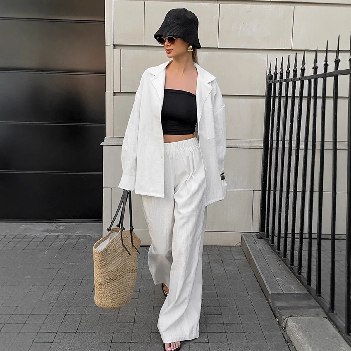 

Белая хлопковая осенняя женская блузка из 2 предметов с отложным воротником и пуговицами на шнуровке для женщин, женские прямые брюки с эластичной резинкой на талии