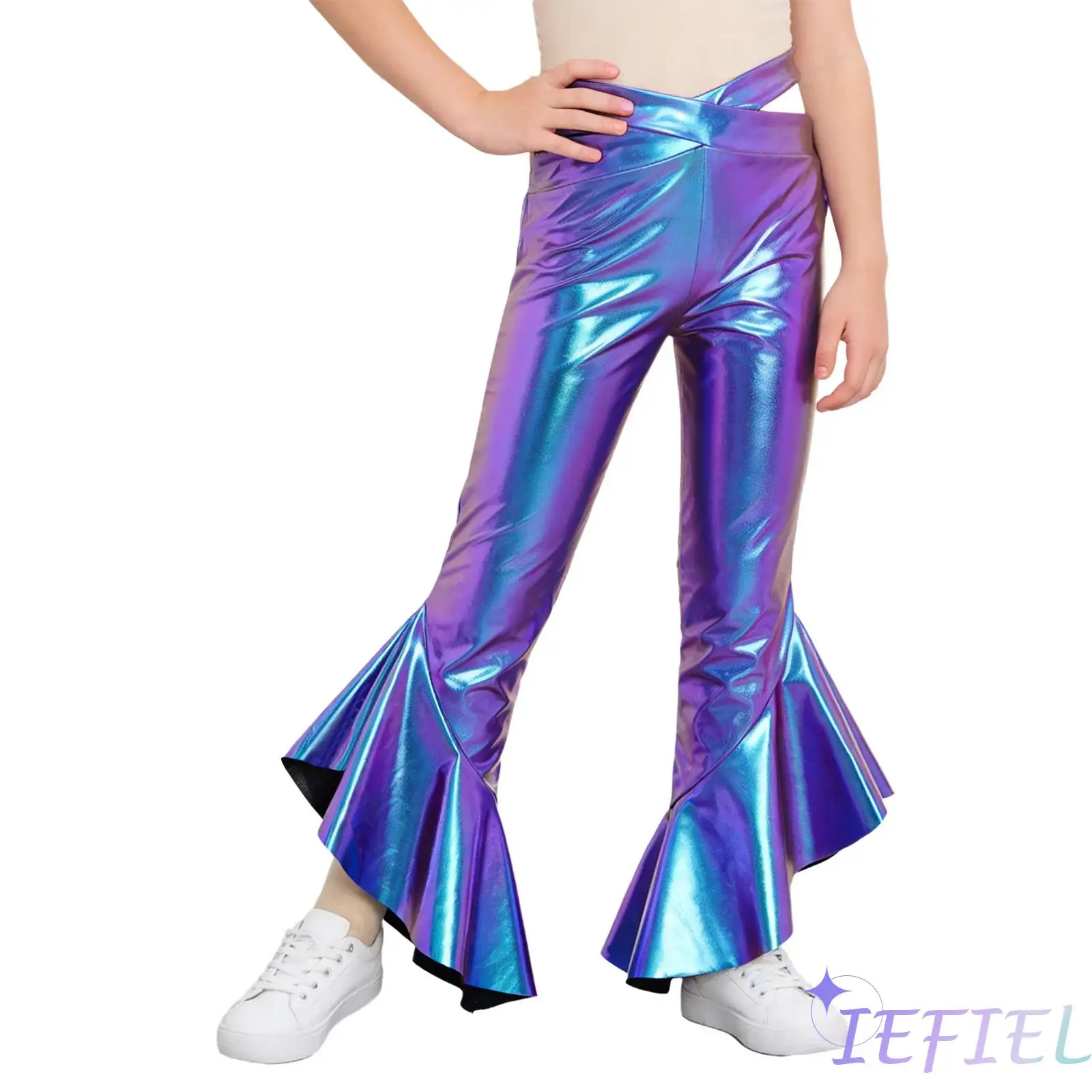 

Kids Girls Disco Jazz Dance Pants Metallic Flared Pants Cross Waistband Ruffles Bell-Bottom Trousers for Hip Hop Street Dance