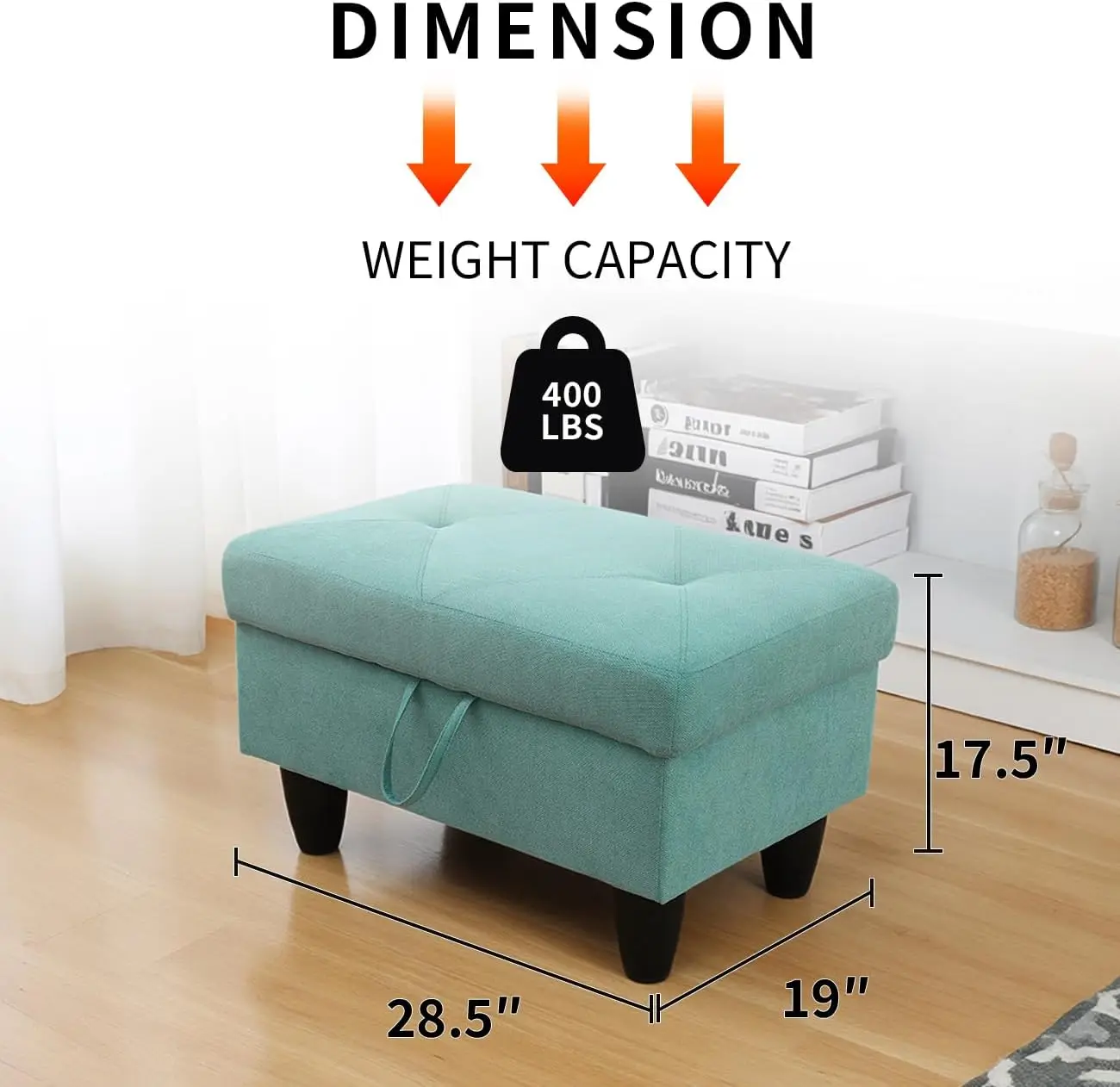 28.5 Inch Large Square Storage Ottoman Bench, Blue Aqua Linen Footstool and Coffee Table with Thick Cushion, Multipurpose Foot Rest for Entryway, Living Room, Bedroom, RV, Loft, and Home Decor