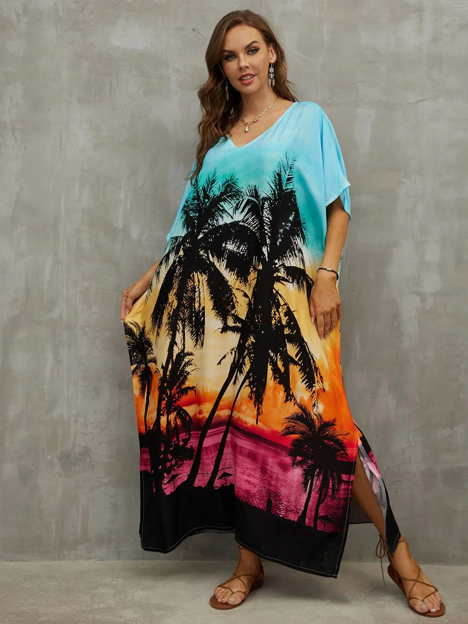 

2023 Fashion Print Kaftanl Robe Women Swimwear Cover-ups Sexy V-neck Casual Long Dresses Summer Beach Wear Swim Suit Cover Up