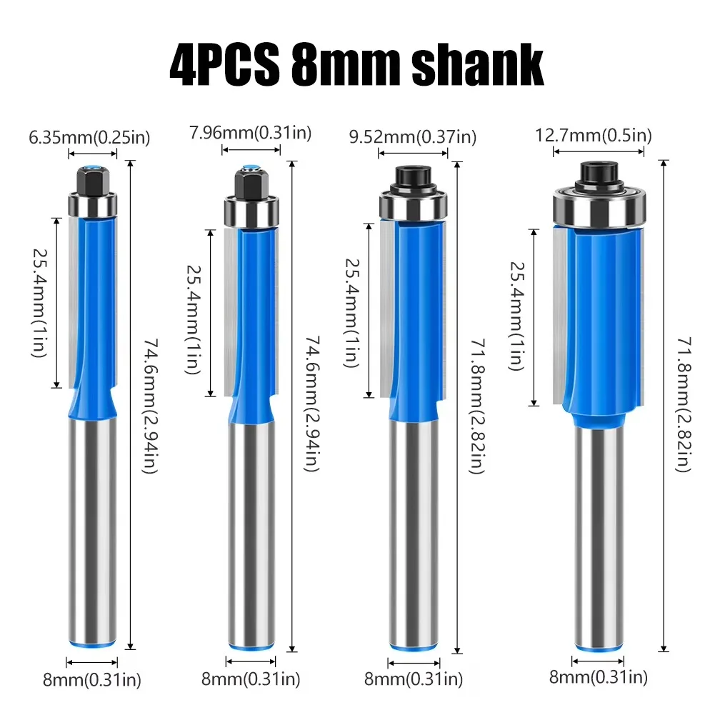 1 قطعة مجموعة من 8 مللي متر عرقوب التشذيب القاطع فلوش تقليم بت مع اثنين محامل بت التوجيه أدوات النجارة لقطع تشذيب الخشب