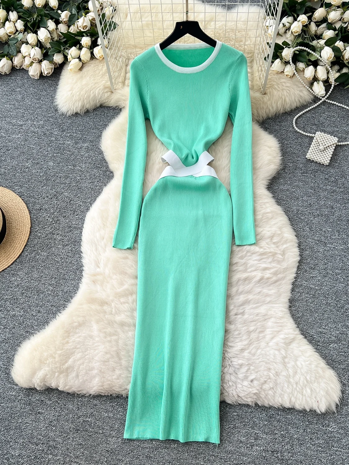 Ele Hollow out Long Sve Knitted Dr Women's High Waist A-Line Skirt Sle Autumn Winter Fitted Waist Bodycon Dr