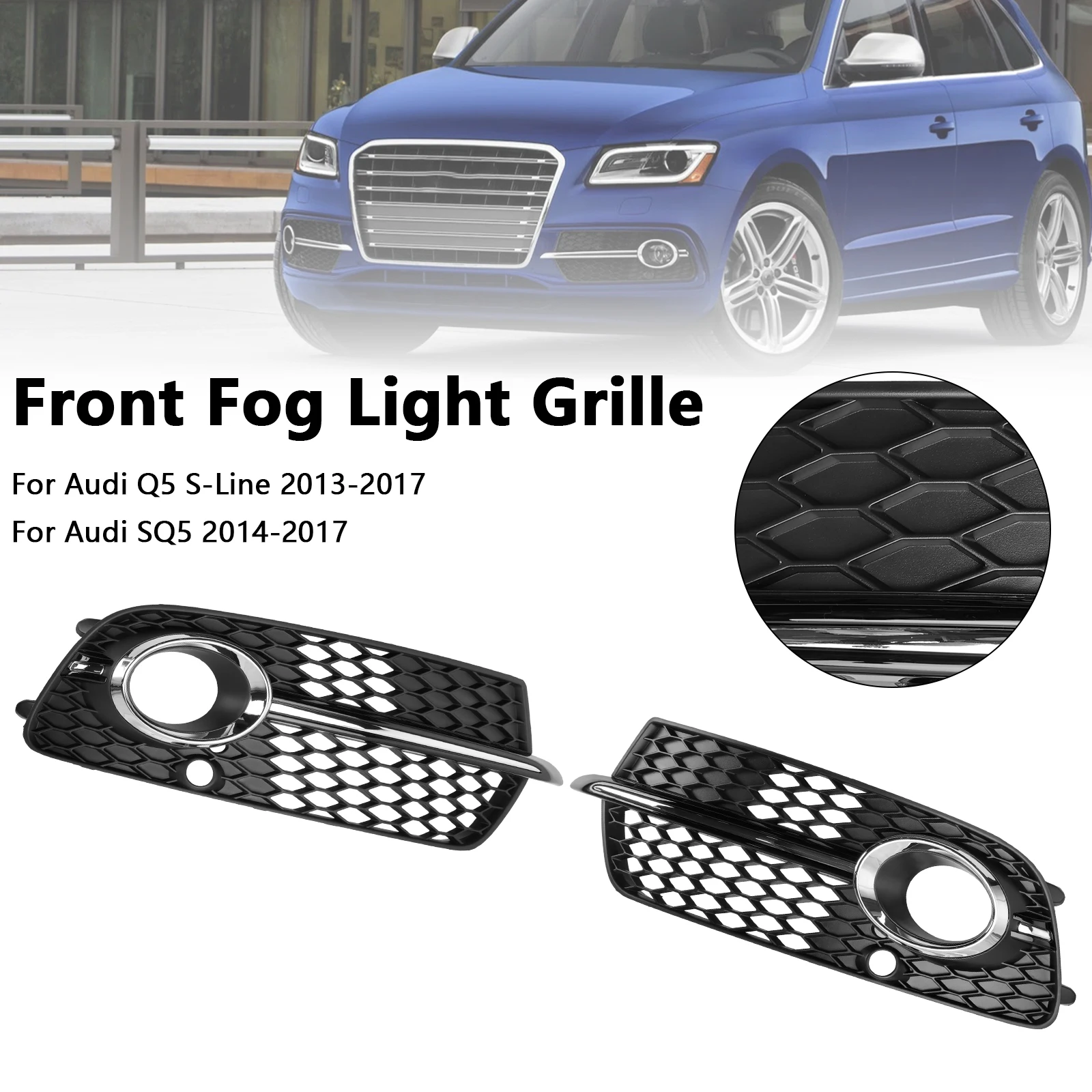 Artudatech Front Bumper Fog Light Grille Fit Audi Q5 S-Line SQ5 2013-2017 Black Chrome