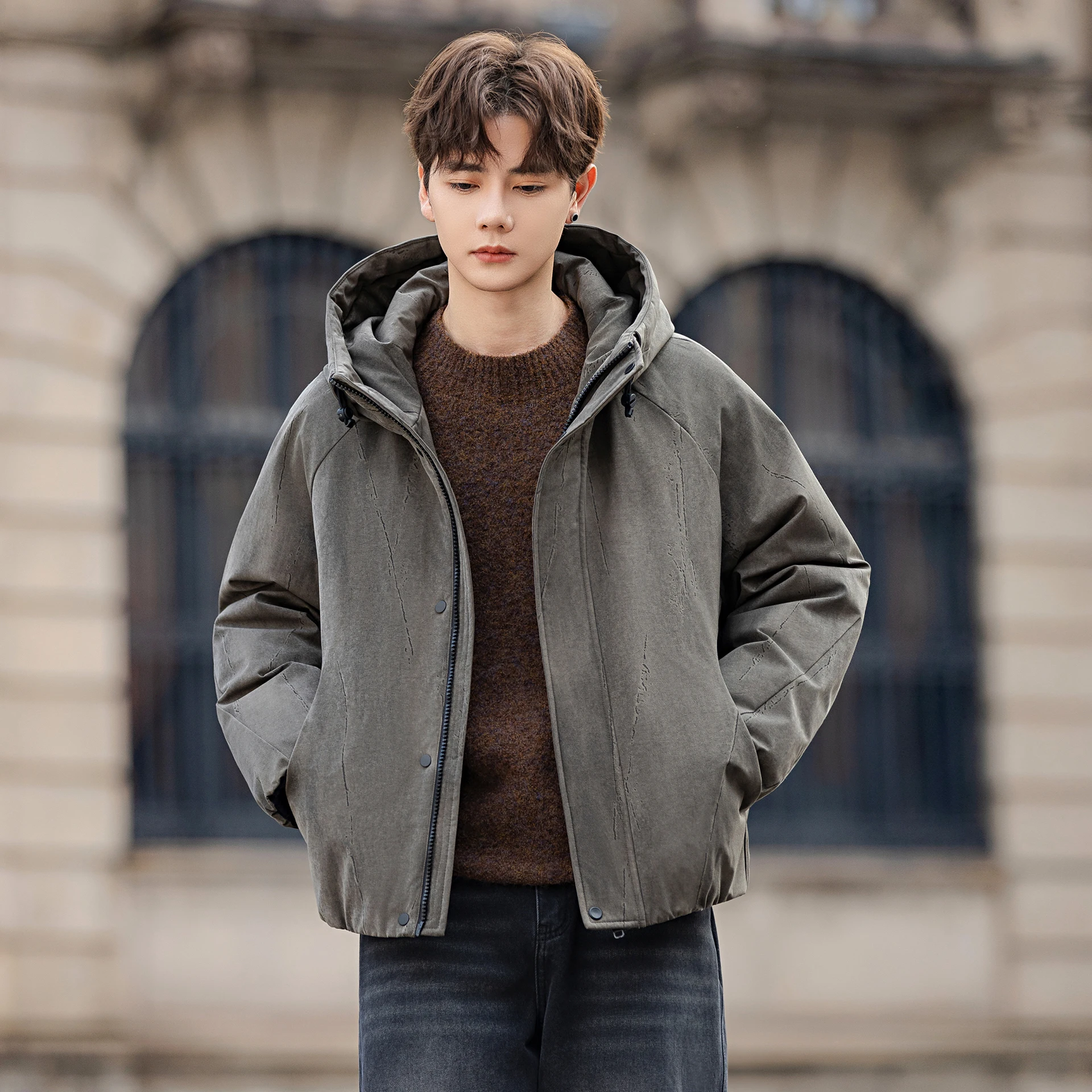 Men Hooded Down Jacket 90% White Duck Down Winter Casual Thick Warm Coat Vintage Texture Outerwear For Male