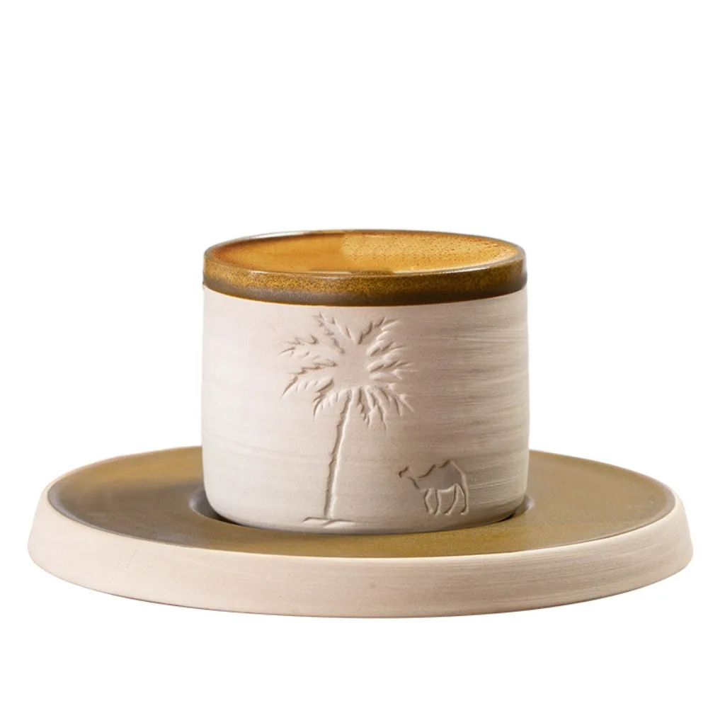 

Unique Coarse Pottery Palm Tree Coffee Mug Set Arabic Style Distressed Tea Cup with Base Vintage Water Cup Gift