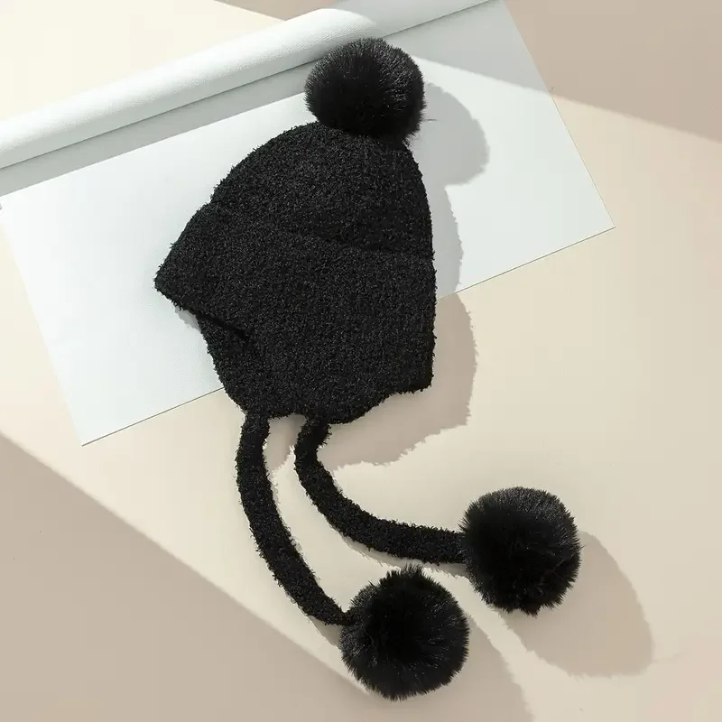 Pom Pom Knitted Hat With Long Decor, Y2K Textured Winter Beanie Hats, Christmas Gift, Women's Hat