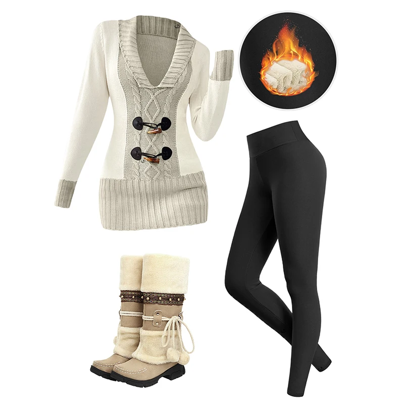 Dressfo Women's Set Contrast Color Mock Horn Button Plunge Neck Sweater And Fleece-lined Leggings Matching Outfit