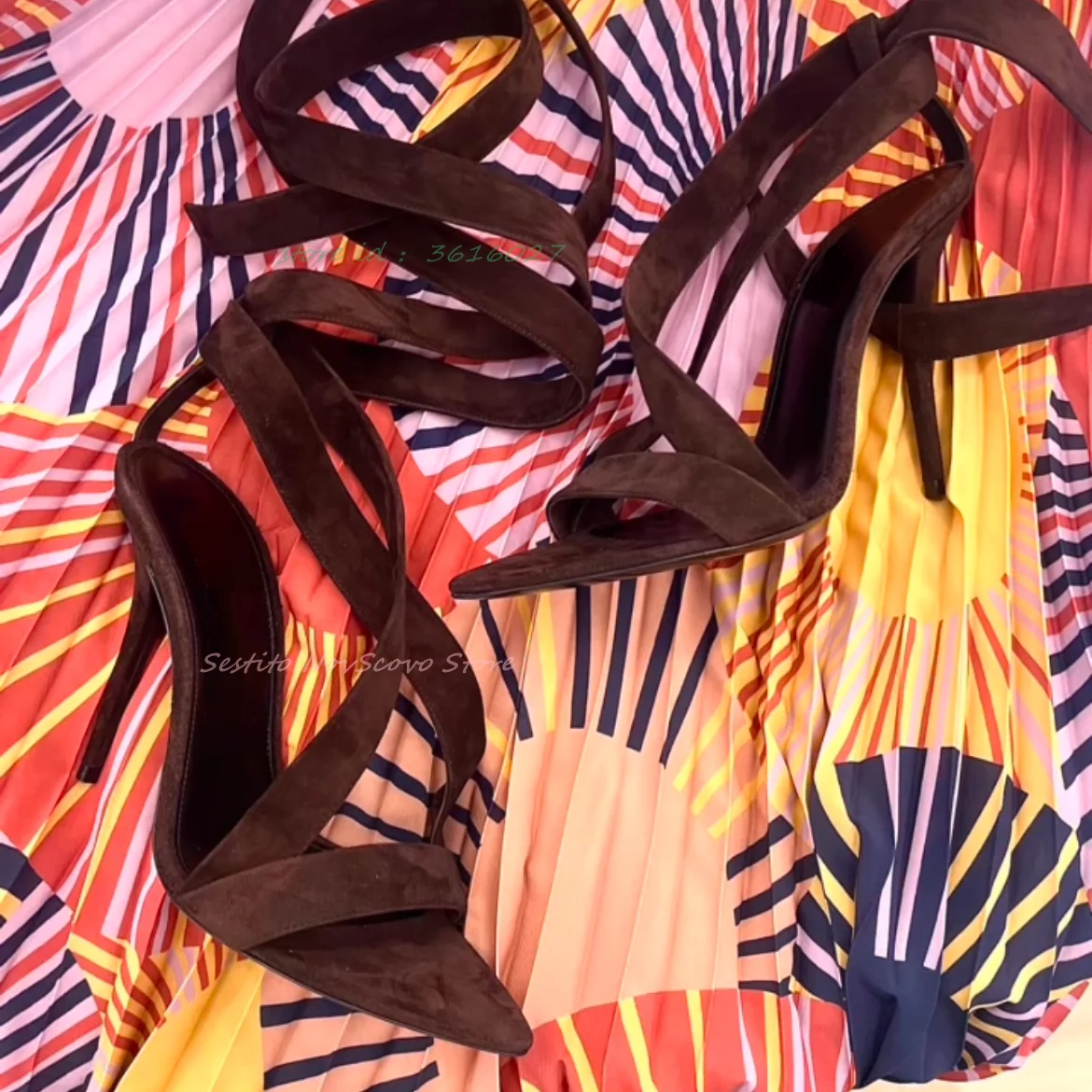 

Brown Pointy Toe Crossover Straps Wrap-Around Dress Sandals for Women High Heels Sexy Ladies Lace Up Suede Summer Dress Shoes