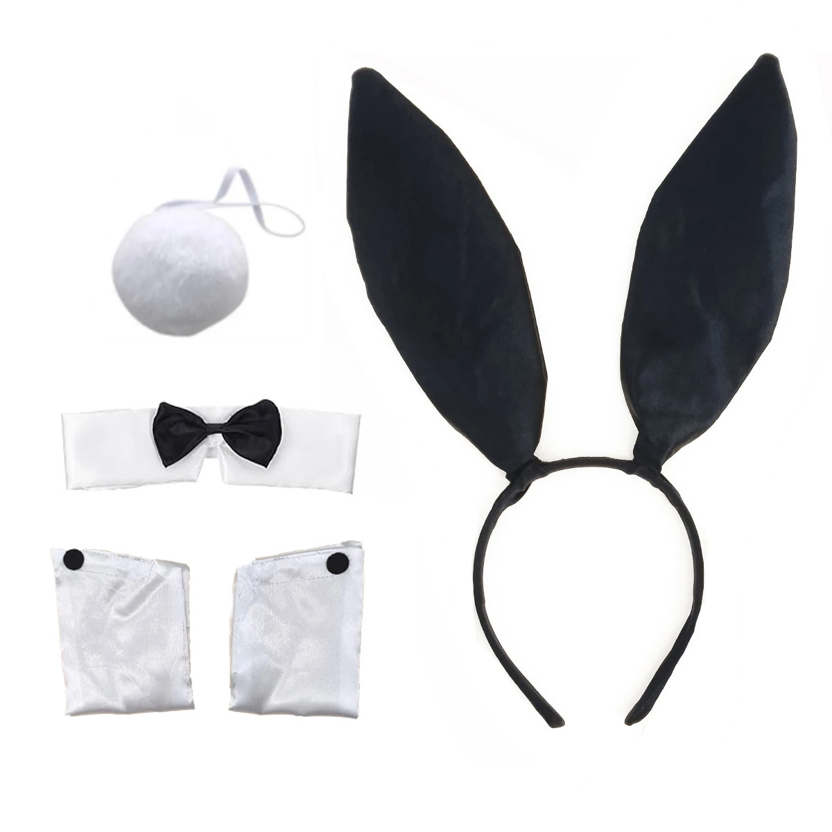 5PCS Velvet Long Bunny Ear Headband Cosplay Set Bow Tie Cuffs Fluffy Rabbit Tail Women Halloween Party Easter Costume Accessorie view 3