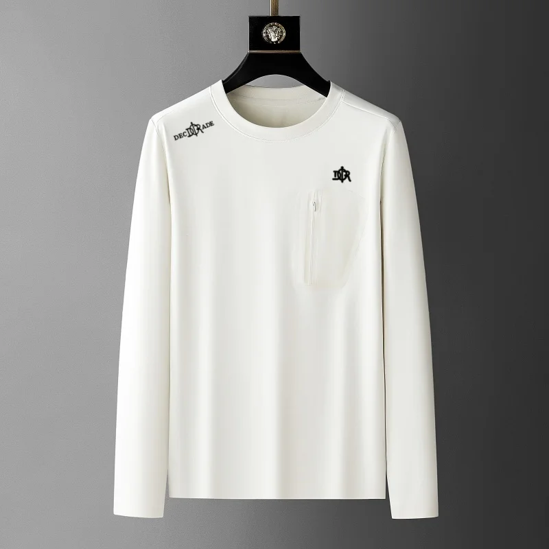 Men's new round neck solid color long sleeved T-shirt light luxury brand exquisite printing high-quality fashion warm casual top