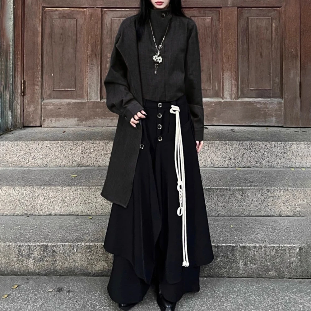 Y2k Layered Buttoned Culottes Dark Gothic Style Hakama Genderless Japanese Streetwear Casual Wild Wide-Leg Samurai Pants Unisex