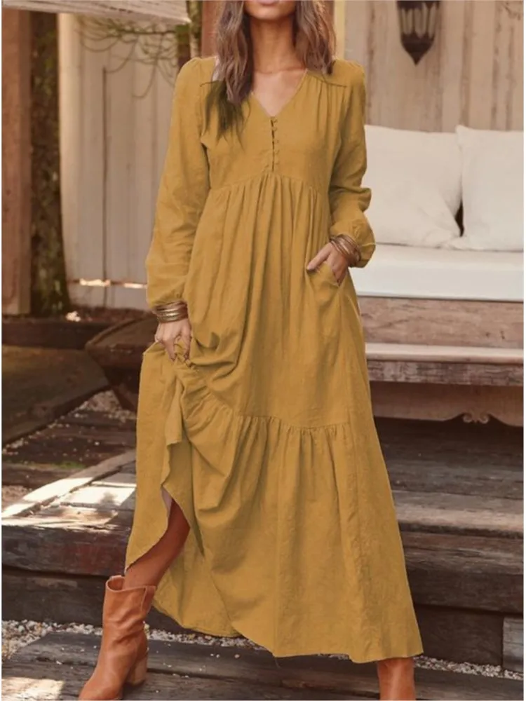 Autumn Winter Women\'s Clothing New Fashion Solid Color Button Cotton Linen Retro Casual Long Sleeved Dress Big Swing Long Skirt