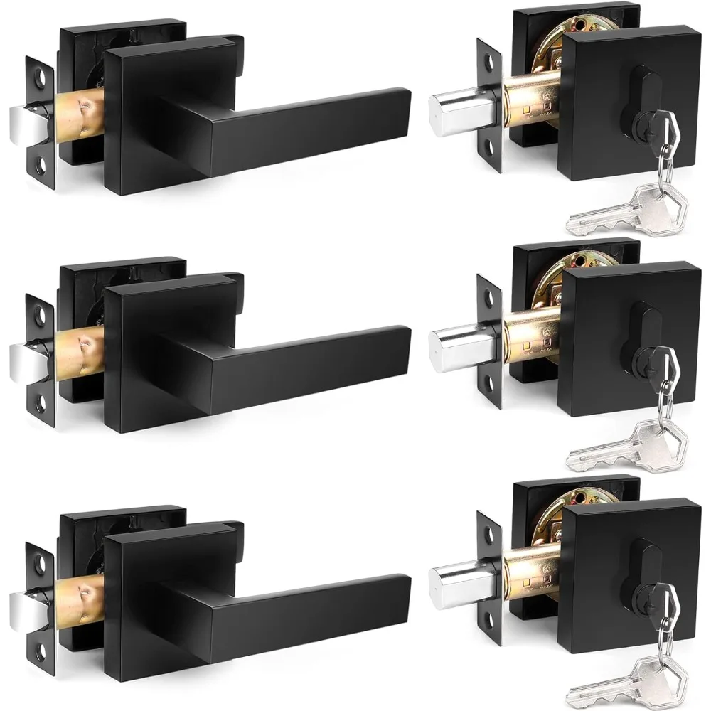 

Flat Black Passage Door Lever with Single Cylinder Deadbolts Combo Pack,Exterior Door Lever Passage 3 Pack