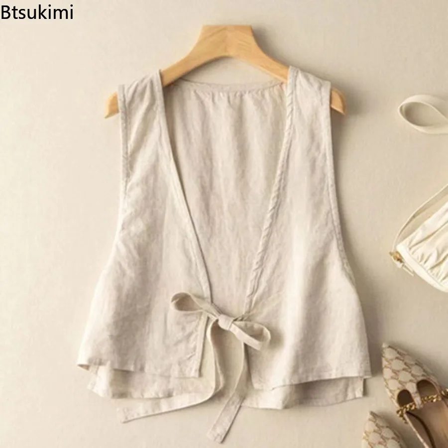 Women's Cotton Linen Cardigan Vest Casual Loose V Neck Sleeveless Jackets Summer Lace Up Solid Vests Waistcoat Ladies Retro Tops