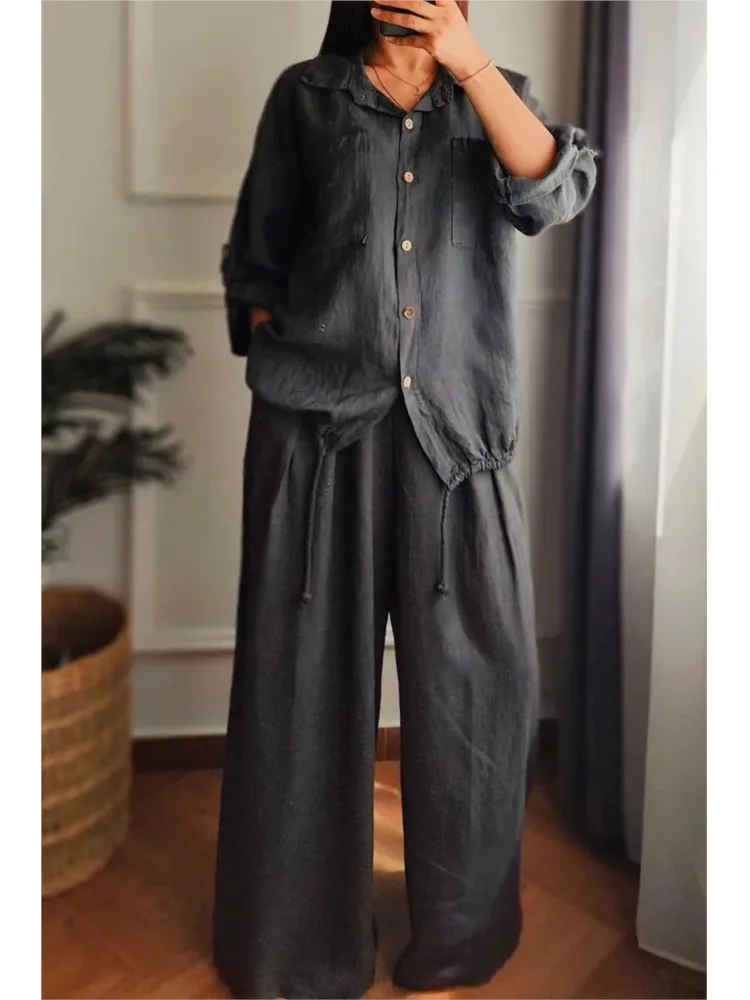 Autumn Fashion Cotton Hemp Two Piece Sets Women Lapel Neck Long Sleeve Drawstring Shirt Wide Leg Long Pants Casual Two Piece Set