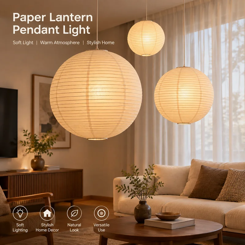 Pendant Light Japanese Washi Paper Globe, Noguchi Handmade Warm Ambient Fixture for Living Room Bedroom Study, Modern Chandelier