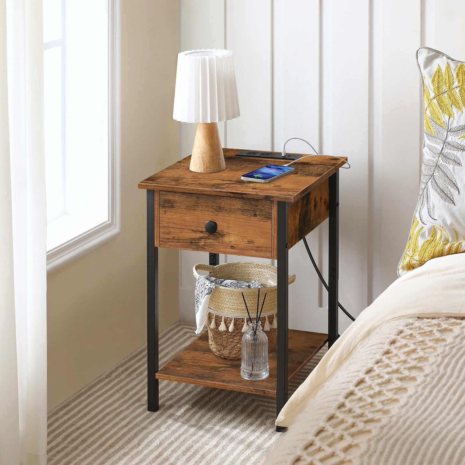 HOOBRO Nightstand End Table with Charging Station and USB Ports Side Table with Drawer and Storage Shelf Bedside Table