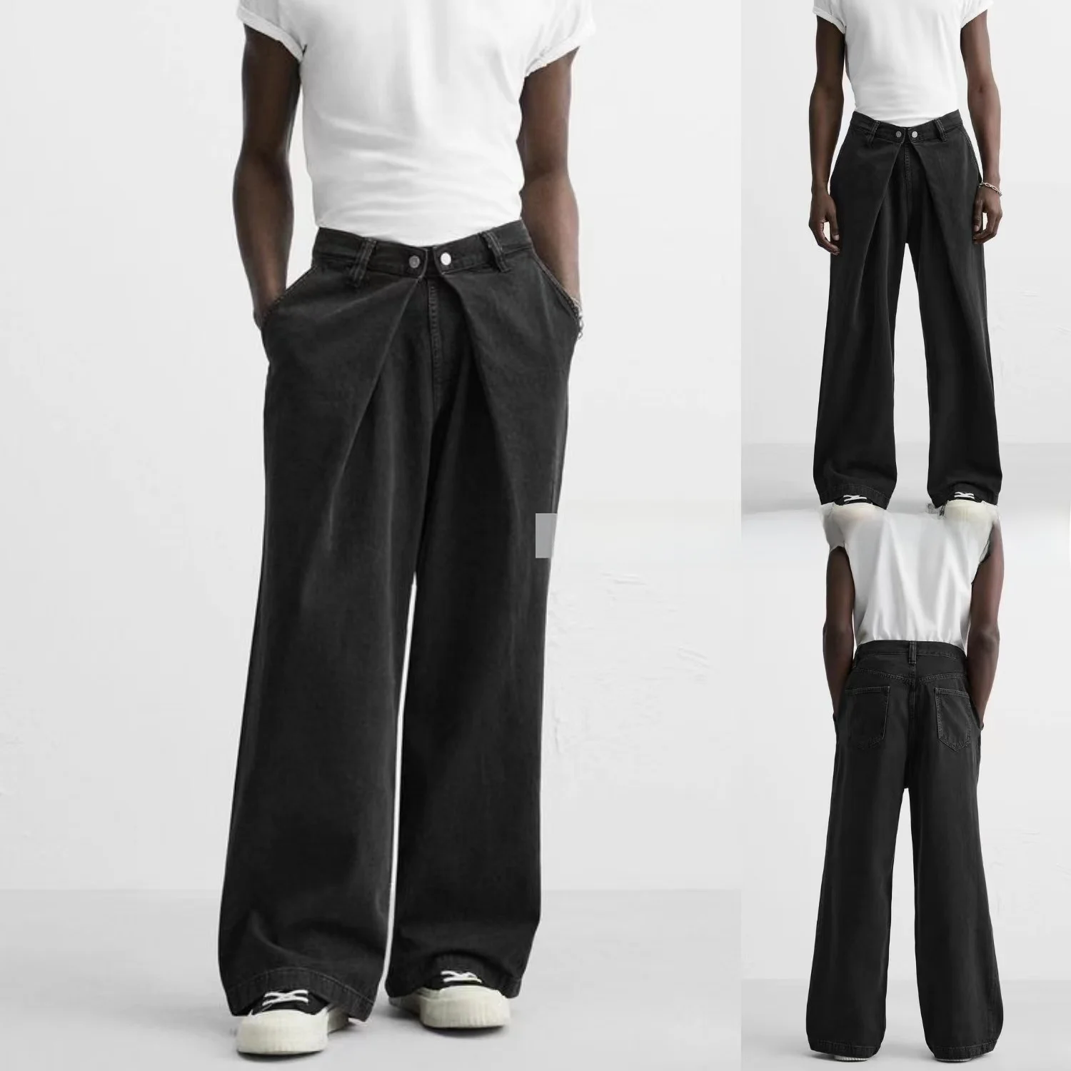 

Spring 2025 Men's Casual Cotton Denim Pants Simple Loose Pleated Long Trousers Comfortable Youthful Sle All-Season Wear