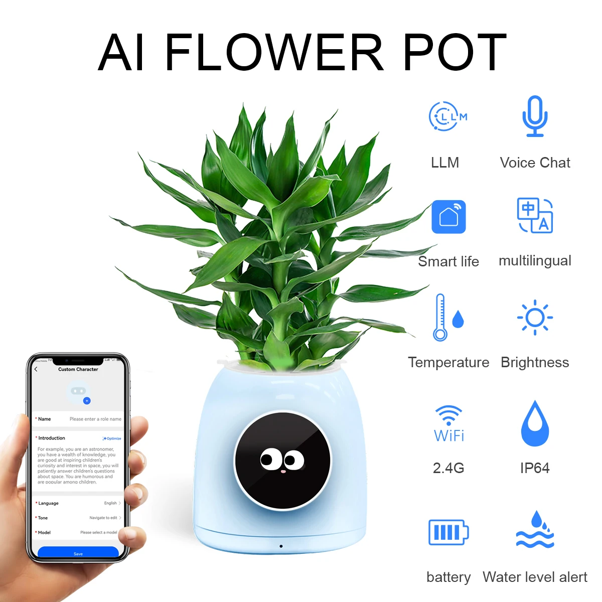 LINCUKOO Tuya Smart WiFi AI Flower Pot Desktop Pet Companion LLM AI Voice Chatbot Hydroponic Planter Cute Gift for Home Office