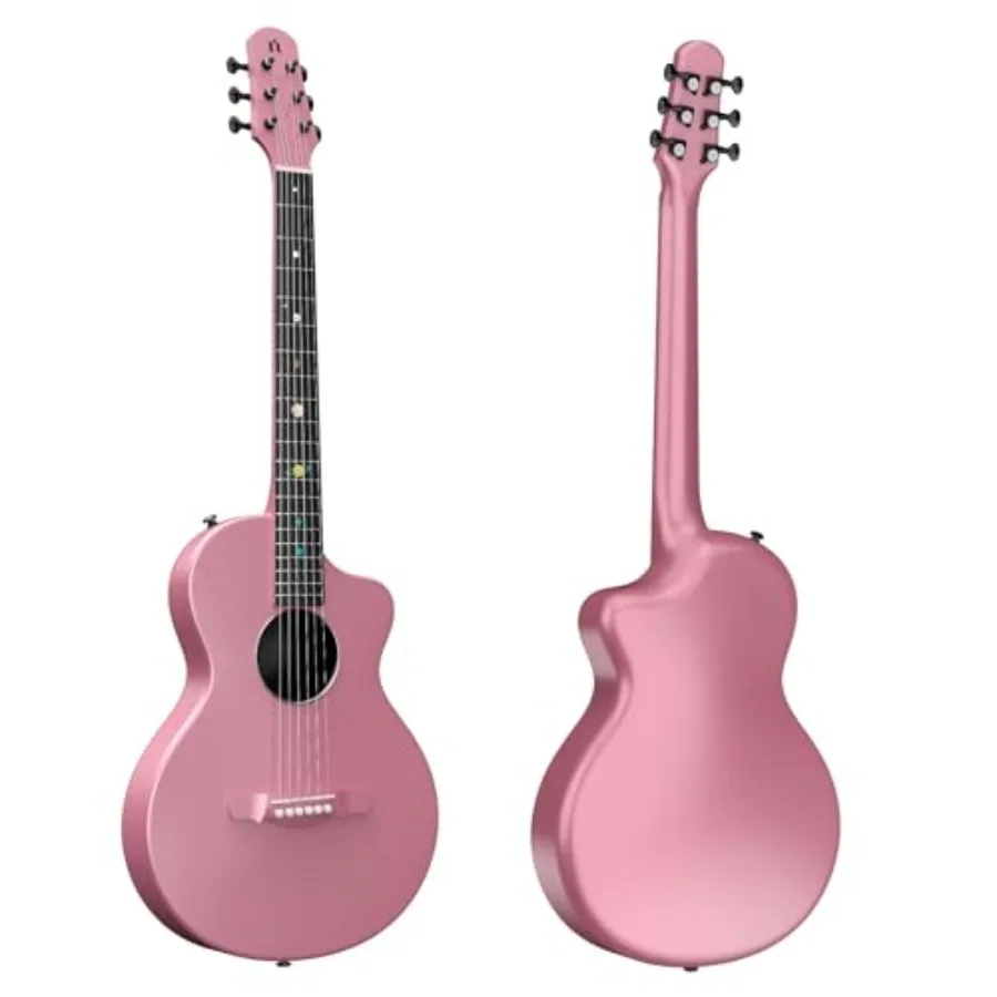 Cherry Blossom Pink carbon fiber 38-inch folk guitar for travel and acoustic use, lightweight and portable with integrated carb