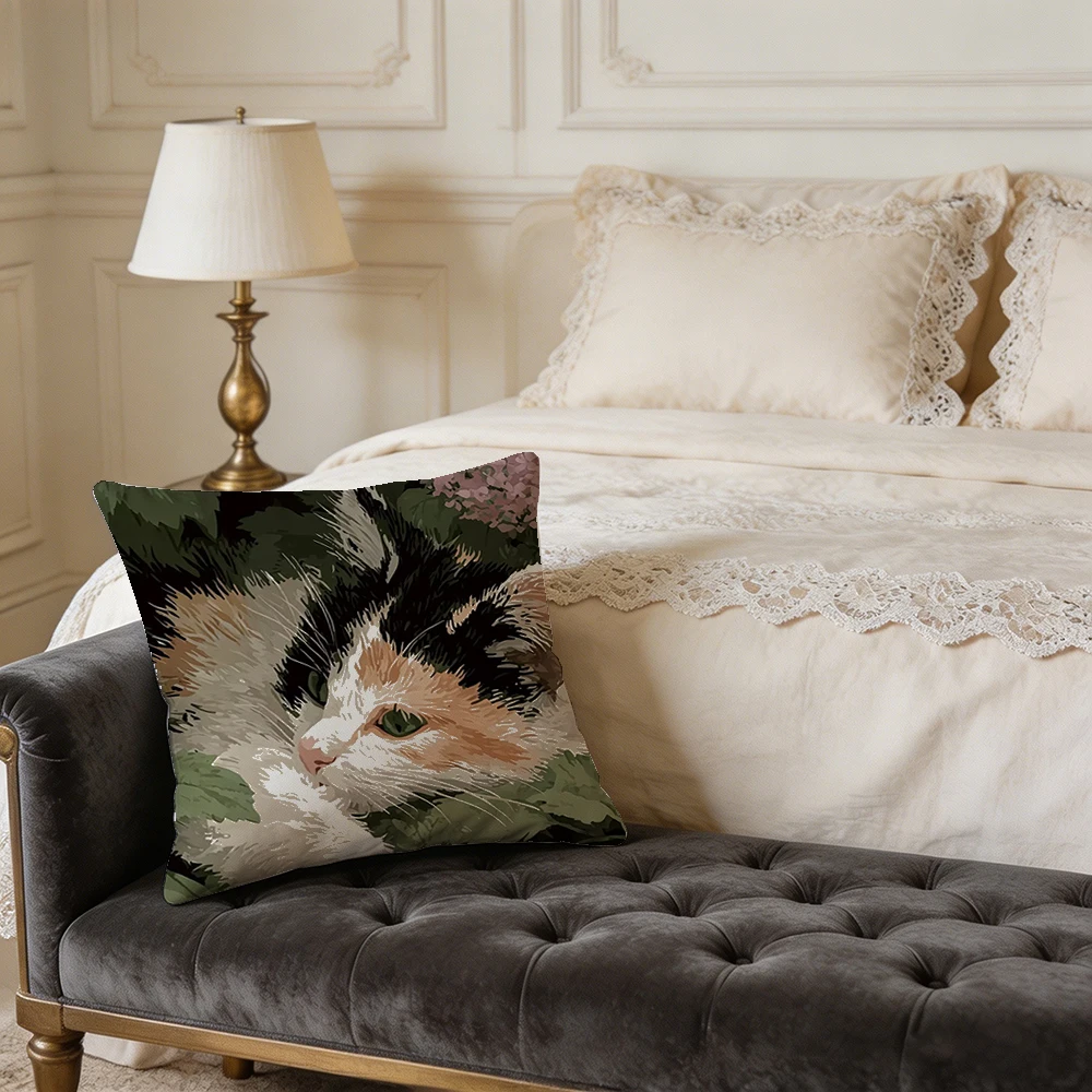 1PC Throw Pillow Cover,Calico Cat Oil Painting Print,Artistic Pet Style,For Sofa Bedroom Couch Home Decor