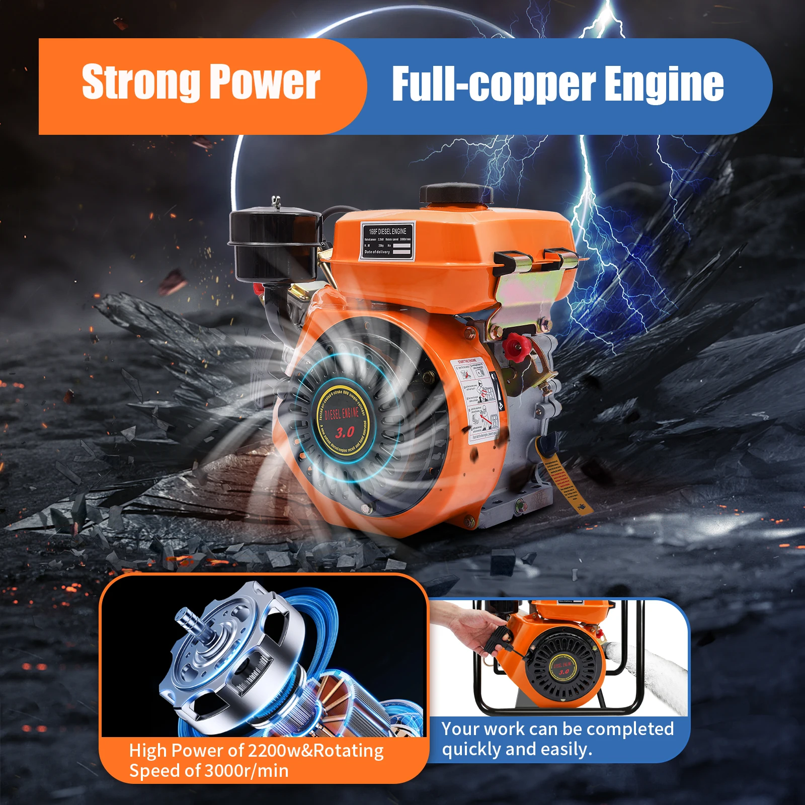 

196CC 3HPW Diesel Engine 4 Stroke 3000r/min Oblique Horizontal Engine Motor Single Cylinder Air Cooling Low Noise