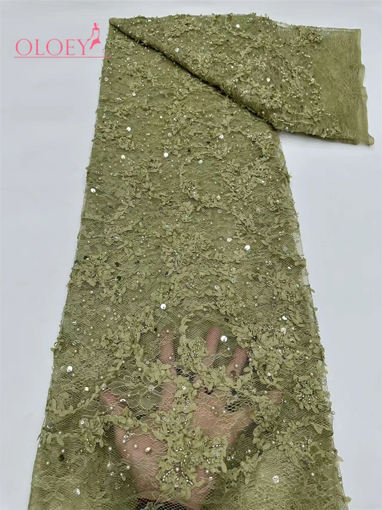 OLOEY Elegante Tela de Encaje Africana con Lentejuelas y Bordado, Tela de Encaje con Cuentas Francesas, Material para Vestido de Novia Nigeriano