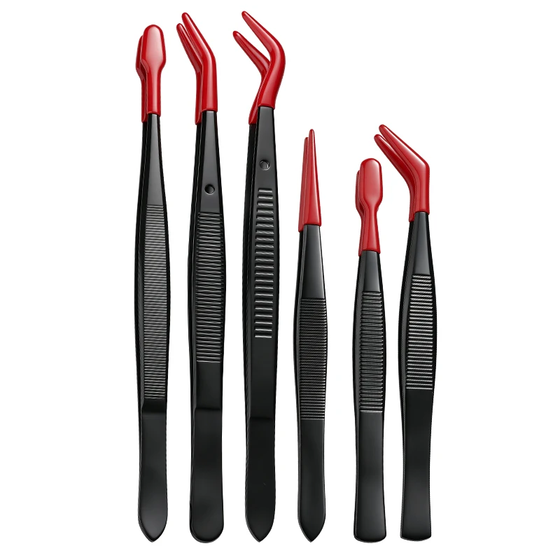1/6 Professional Stainless Steel Tweezers Set with Rubber Coated Tips - Bent & Straight Flat Tip for Stamping, Jewelry Crafts