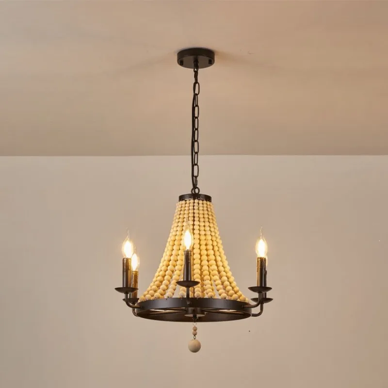 American rural retro 6-head wood bead wrought iron dining room chandelier, living room bedroom bedside decorative lamps